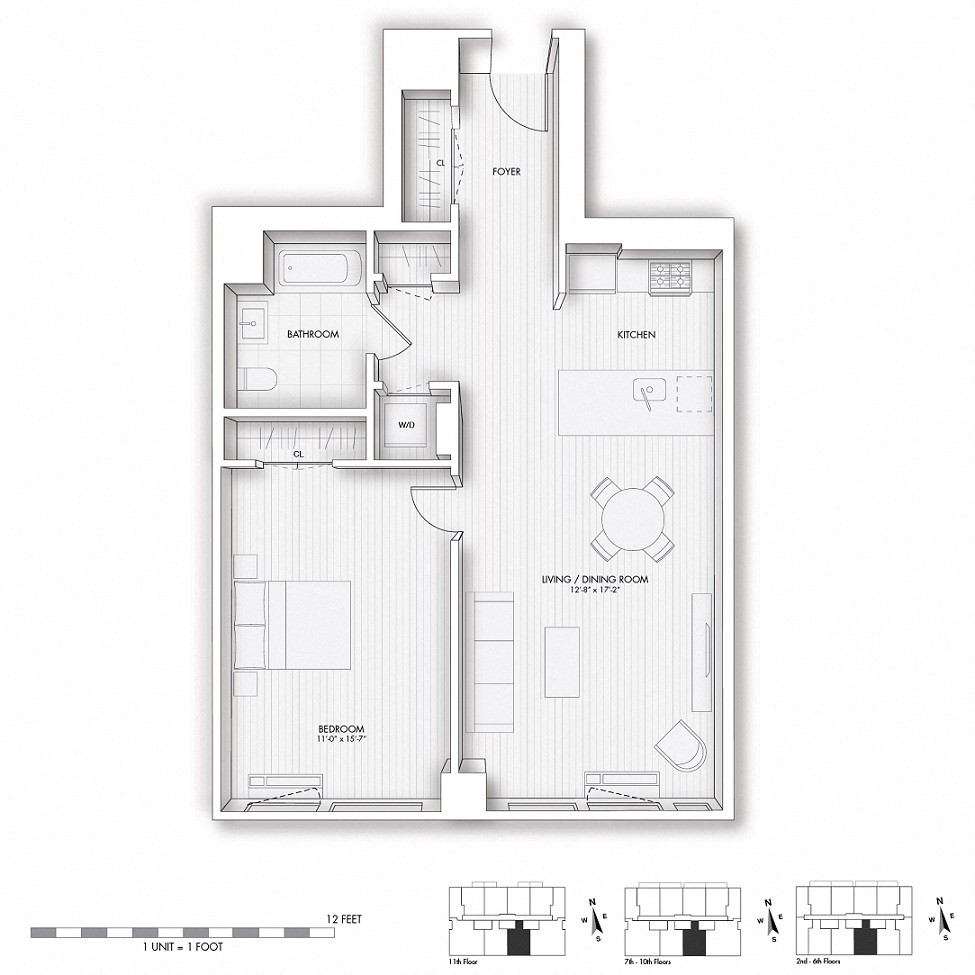 Floor plan for 1 bed, 1 bath, 741 sqft